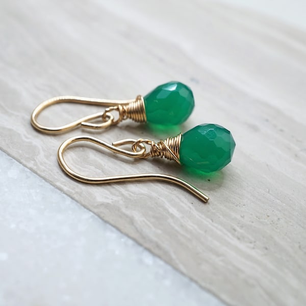 Green onyx earrings, green emerald earrings, May birthstone earrings, wire wrapped earrings, green gemstone jewellery, silver, gold earrings