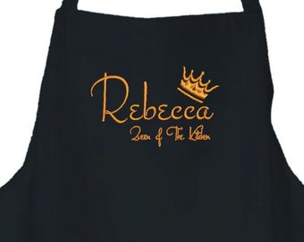 Personalised  Ladies Black Apron.Embroidery. Your Choice of Name+Thread Colour. Embroidered Queen of the Kitchen by Inspired Creative Design