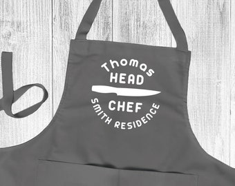 Personalised Apron Head Chef, Mens Personalised Apron, Quality Kitchen Cooking Chef Apron With Pockets Avalable In 5 Colours