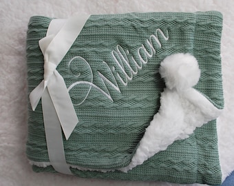 Personalised Embroidered Super Snuggly Cable knit wrap with pom pom's & sherpa back, New Born Baby Boy, Baby Girl Blanket,