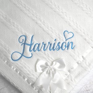 Personalised Embroidered Super Snuggly Cable knit wrap with a Satin Bow sherpa back, New Born Baby Boy, Baby Girl Blanket, Baby Shower Gift