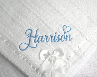 Personalised Embroidered Super Snuggly Cable knit wrap with a Satin Bow sherpa back, New Born Baby Boy, Baby Girl Blanket, Baby Shower Gift