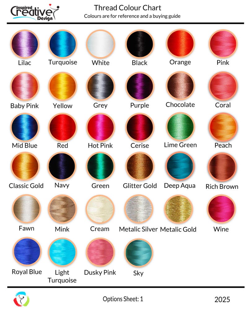 Op de afbeelding: Een kleurenkaart met 25 verschillende garenkleuren, waaronder lila, turquoise, wit, zwart, oranje, roze, babyroze, geel, grijs, paars, chocolade, koraal, middeblauw, rood, roze, kersenrood, limoengroen, perzik, klassiek goud, marineblauw, groen, glittergoud, diepblauw, donkerbruin, lichtbruin, mink, cr&egrave;me, metallic zilver, metallic goud, wijnrood, koningsblauw, licht turquoise, poederroze en hemelsblauw. De kaart is gelabeld met "Thread Colour Chart" en "Options Sheet: 1".