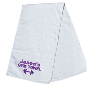 May include: White gym towel with purple embroidery that says "Jason's Gym Towel" with a purple dumbbell icon.