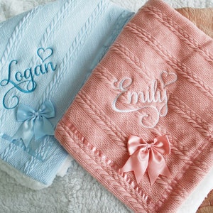 Personalised Embroidered Super Snuggly Cable knit wrap with a Satin Bow sherpa back, New Born Baby Boy, Baby Girl Blanket, Baby Shower Gift