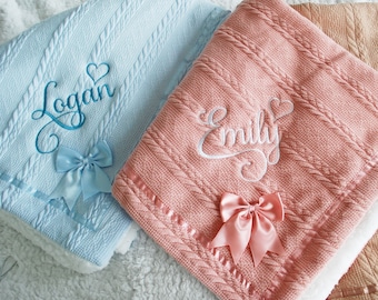 Personalised Embroidered Super Snuggly Cable knit wrap with a Satin Bow sherpa back, New Born Baby Boy, Baby Girl Blanket, Baby Shower Gift