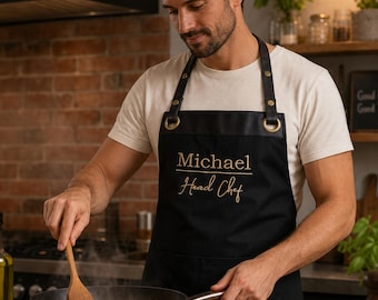 Premier Faux leather trim Unisex Embroidered Apron Personalised Apron  Cook, Baking, Apron With Pockets