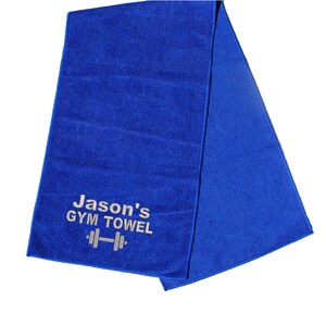 May include: Blue microfiber gym towel with the text "Jason's Gym Towel" and a silver dumbbell graphic.