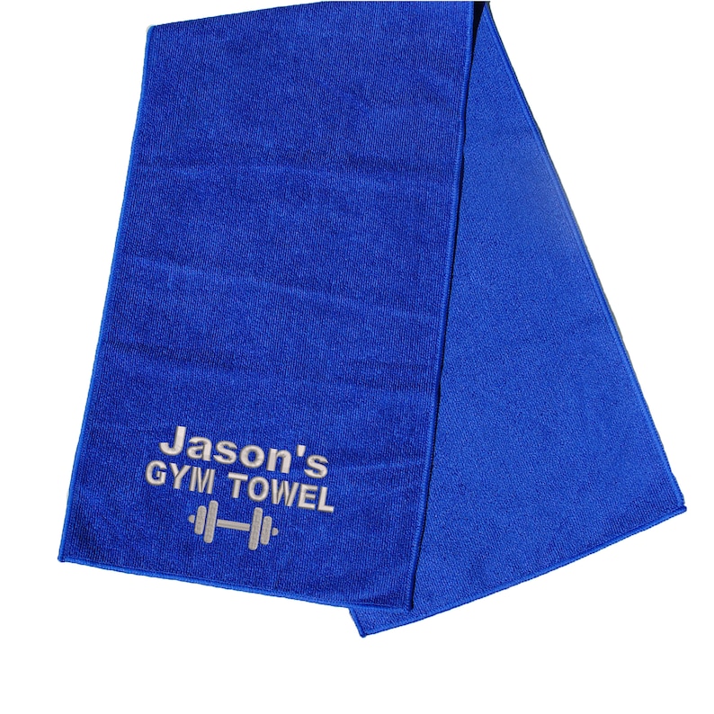 May include: Blue microfiber gym towel with the text "Jason's Gym Towel" and a silver dumbbell graphic.
