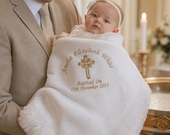 Pretty White Embroidered Baby Shawl, Personalised Christening Shawl, Personalised Baptism Shawl Personalised Naming Day shawl,