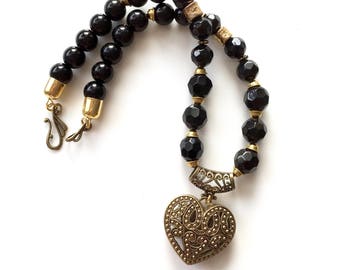 BLACK BEAD NECKLACE Gold Filigree Heart Statement