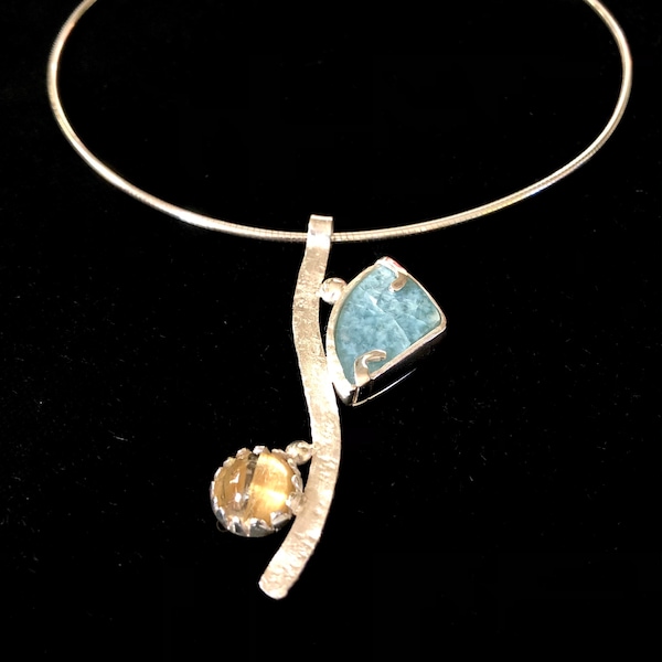 Silver jewel, gilalite quartz and rutilated quartz cabochon semi-rigid silver necklace Italian art ~ madagascarartstones