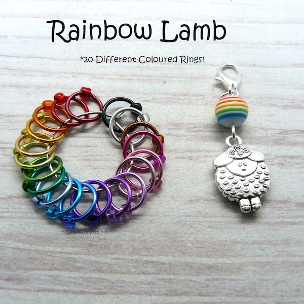 Rainbow Lamb Snagfree Ring Stitch Markers | Knitting Accessories | Progress Keeper | Rainbow |   Gift For Knitter