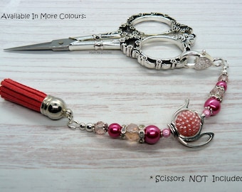 Beaded Scissor Fob : Tea For One | Cross Stitch, Embroidery, Needlepoint, Sewing, Quilting Accessories | Bag Charm | Key Ring |