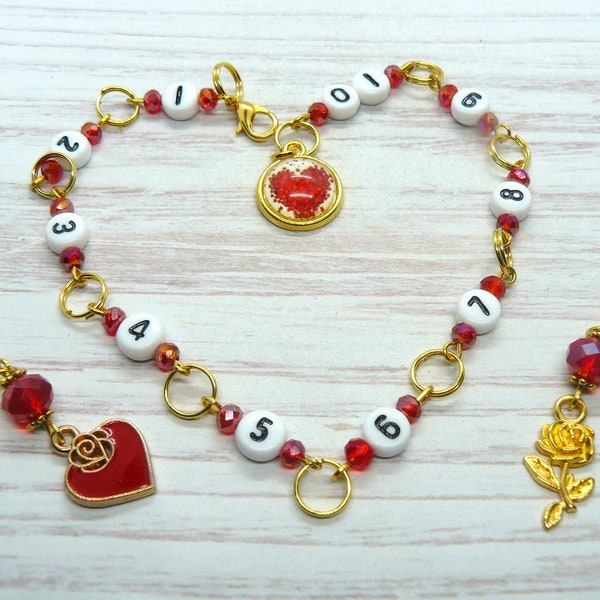 Golden Love & Roses Beaded Knitting Row Counter Chain, Number Stitch Markers, Abacus Row Counter, Gift For Knitters, Row Counting Tool