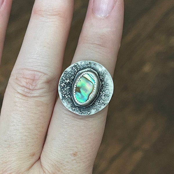 Size 8 Abalone Sterling Silver Ring / Handmade Bohemian Jewelry / Rustic Handcrafted Jewelry / Unique Gifts For Her / One Of A Kind Ring