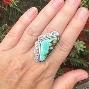 Pick Your Size Hubei Turquoise Sterling Silver Petal Ring, Handmade Rustic Western Bohemian Style Jewelry