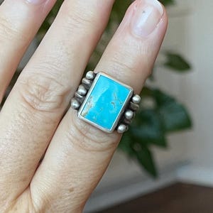 Kingman Turquoise Rectangle Ring Sterling Silver Chunky Statement Jewelry Bohemian Style Gifts For Her