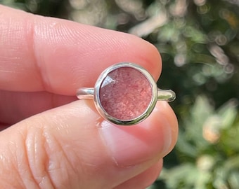 Strawberry Quartz Ring, Handmade Sterling Silver Bohemian Jewelry, Petite Round Gemstone Rings, Small Faceted Gemstone Ring, Red Pink Ring