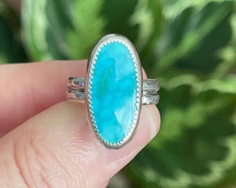 Pilot Mountain Turquoise Shiny Silver Statement Ring, Handmade Sterling Silver Bohemian Jewelry, Unique Gifts For Her, Stacking Rings