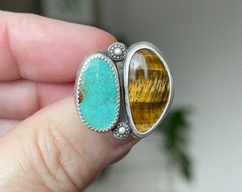 Turquoise And Tigers Eye Ring, Handmade Sterling Silver Bohemian Jewelry, Double Stone Statement Ring, Unique Gifts For Her, Custom Ring