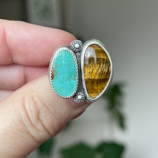 Turquoise And Tigers Eye Ring, Handmade Sterling Silver Bohemian Jewelry, Double Stone Statement Ring, Unique Gifts For Her, Custom Ring