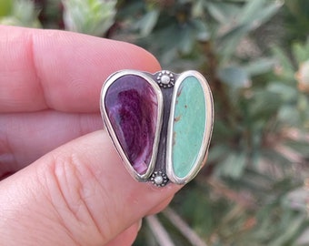 Turquoise and Spiney Oyster Double Stone Statement Ring, Handmade Sterling Silver Bohemian Jewelry, Unique Gifts For Her, Chunky Rings