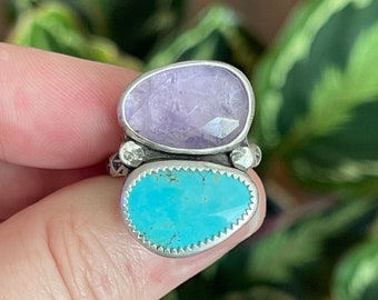 Turquoise And Amethyst Ring, Handmade Sterling Silver Jewelry, Double Stone Ring, Multi Stone Jewelry, Hippie Boho Gypsy, Summer Style