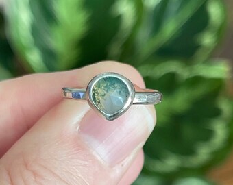 Moss Agate Faceted Stacking Ring, Handmade Sterling Silver Bohemian Jewelry, Petite Gemstone Ring, Unique Gifts For Her, Small Silver Rings