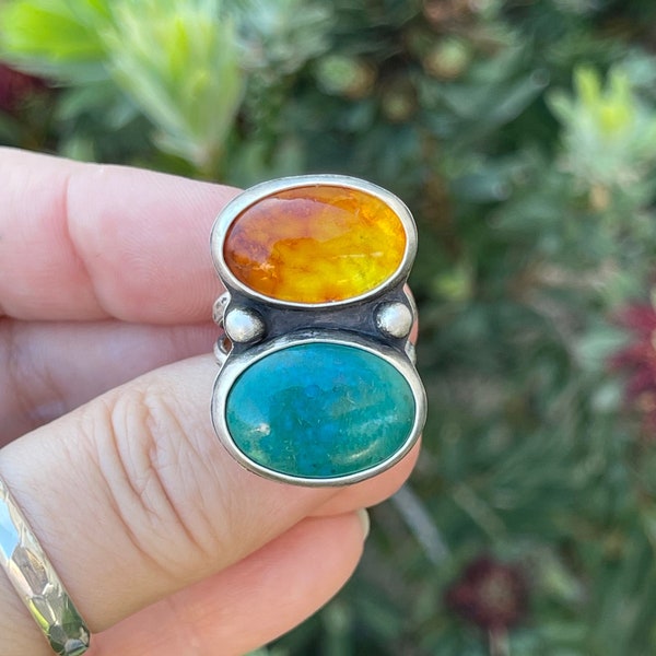 Chrysocolla and Amber Double Stone Ring, Handmade Sterling Silver Bohemian Jewelry, Unique Gifts For Her, Rustic Summer Jewelry, ooak ring