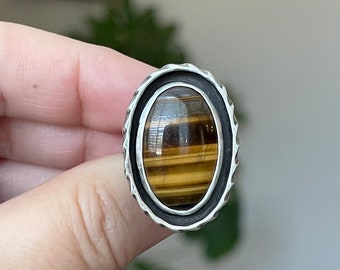 Tigers Eye Oval Shadow Box Ring, Handmade Sterling Silver Bohemian Jewelry, Unique Gifts For Her, Rustic Style Ladies Ring, Chunky Ring