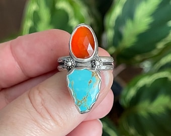 Kingman Turquoise and Carnelian Statement Ring, Handmade Sterling Silver Bohemian Jewelry, Unique Gifts For Her, Gemstone Rings, Cocktail