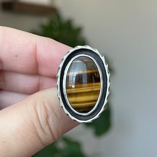 Tigers Eye Oval Shadow Box Ring, Handmade Sterling Silver Bohemian Jewelry, Unique Gifts For Her, Rustic Style Ladies Ring, Chunky Ring