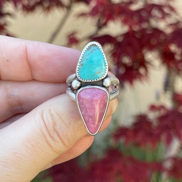 Turquoise and Rhodonite Double Stone Statement Ring, Handmade Sterling Silver Bohemian Jewelry, Unique Gifts For Her, Multi Stone Ring