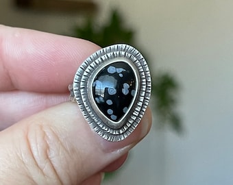 Snowflake Obsidian Ring, Handmade Sterling Silver Bohemian jewelry, Unique Gifts For Her, Freeform Black Ring, Gothic Jewelry