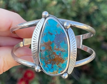 Chunky Turquoise Large Womens Cuff Bracelet, Handmade Sterling Silver Bohemian Jewelry, Chunky Statement Cuff, Unique Gifts For Her