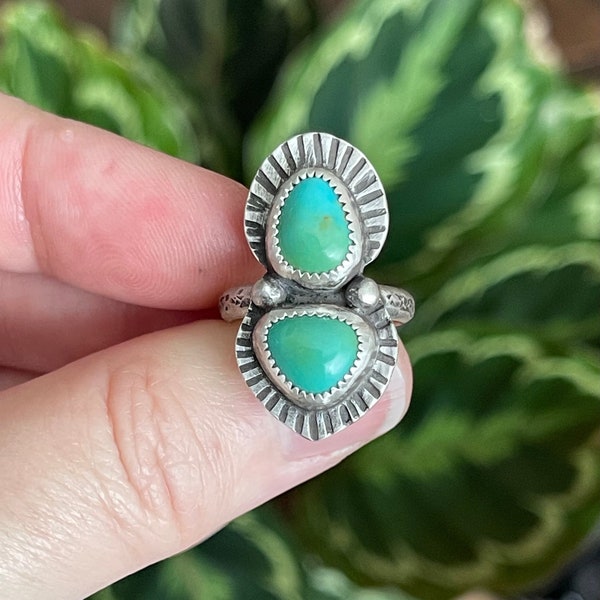 Blue Gem Turquoise Ring / Handmade Sterling Silver Bohemian Jewelry / Statement Ring / Unique Gifts For Her / Rustic Double Stone Rings