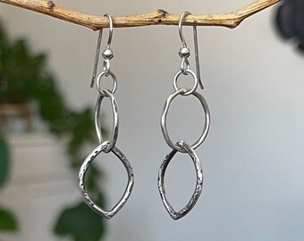 Sterling Silver Multi Shape Dangle Earring, Handmade Bohemian Jewelry, Unique Gifts For Her, Rustic Lightweight Drop Earrings, Silver Hoops