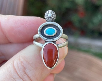Turquosie and Red Jasper Ring, Handmade Sterling Silver Bohemian Jewelry, Unique Gifts For Her, Double Stone Ladies Rings, Southwest Stye