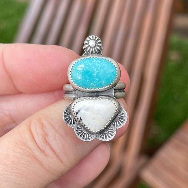 Royston Turquoise and White Buffalo Statement Ring, Handmade Sterling Silver Bohemian Jewelry, Double Stone Rings, Chunky Rustic Rings