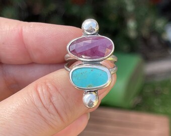 Turquoise and Sapphire Statement Ring, Handmade Sterling silver Bohemian Jewelry, Flashy Double Stone Rings, Unique Gifts For Her,