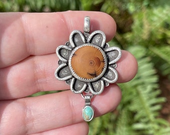 Wood And Turquoise Flower Dangle Pendant, Handmade Sterling Silver Bohemian Jewelry, Unique Gifts For Her, Nature Inspired Necklace, ooak