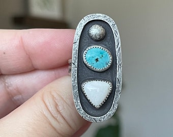 Turquoise and White Buffalo Double Stone Ring, Handmade Sterling Silver Bohemian Jewelry, Unique Gifts For Her, Chunky Ladies Ring, Rustic