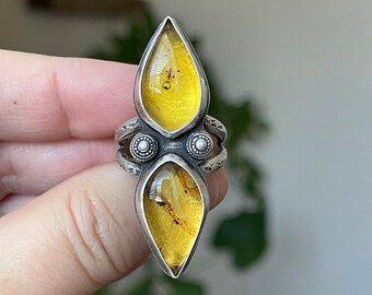 Amber Double Stone Statement Ring, Handmade Sterling Silver Bohemian Jewelry, Unique Gifts For Her, Large Rustic Style Ladies Rings