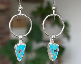 Turquoise Earrings, Handmade Sterling Silver Bohemian Jewelry, Dangle and Drop Earrings, Gemstone Earring, Small Silver Hoop Earrings