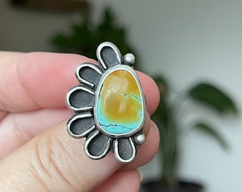 Hubei Turquoise Side Flower Ring, Handmade Sterling Silver Bohemian Jewelry, Unique Gifts For Her, Fall Inspired Ring, Nature Jewelry Rustic