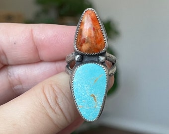 Turquoise And Coral Double Stone Ring, Handmade Sterling Silver Bohemian Jewelry, Southwestern Jewelry, Unique Gifts For Her, Western Style