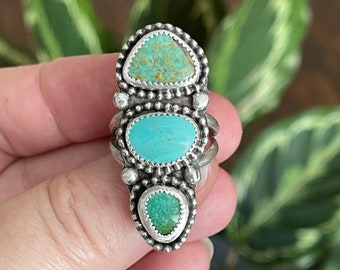 Turquoise Triple Stone Ring, Handmade Sterling Silver Bohemian Jewelry, Unique Gifts For Women, Large Statement Ring, Earthy Jewelry, ooak