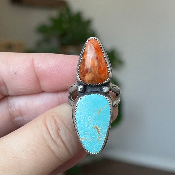 Turquoise And Coral Double Stone Ring, Handmade Sterling Silver Bohemian Jewelry, Southwestern Jewelry, Unique Gifts For Her, Western Style