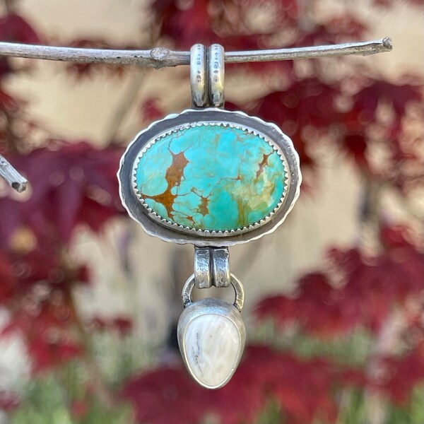 Turquoise And White Buffalo Double Stone Pendant, Handmade Sterling Silver Bohemian Jewelry, Unique Gifts For Her, Rustic Summer Jewelry